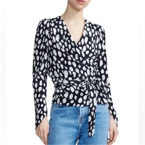 Maje Black & White Printed Crepe Losimio Wrap Top